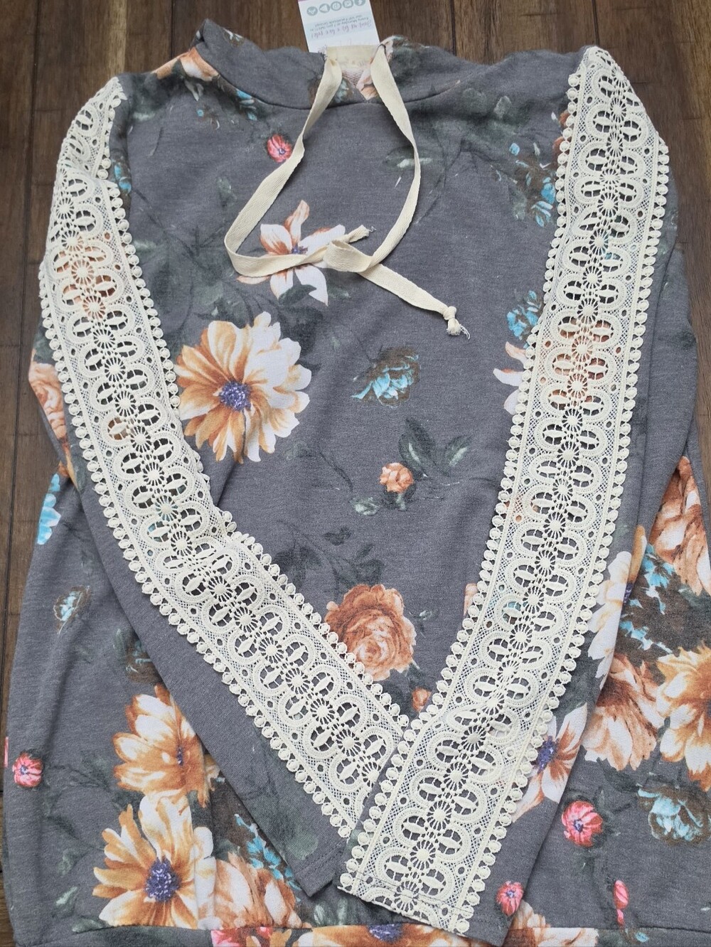 Floral Lace Trim Hoodie - Gray with Cream Lace